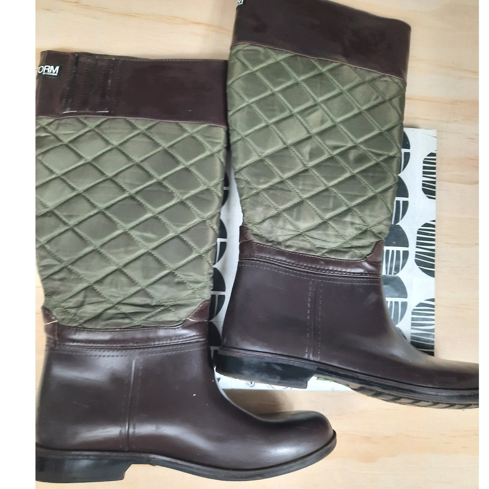 Cougar‎ Storm Women Brown Olive Green Quilted Tall Rubber Rain Boots Size 8